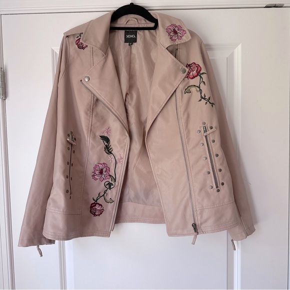 XOXO Embroidered Moto Jacket, Faux Leather, Size Large - Picture 4 of 15